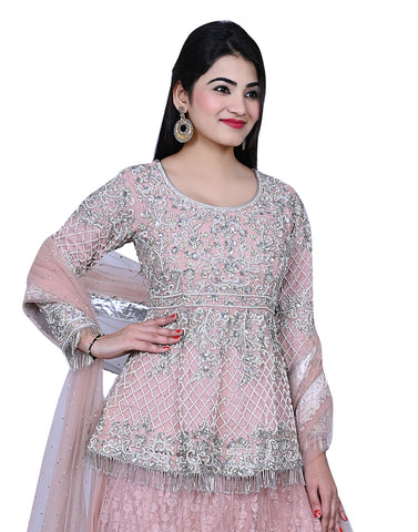 Dusty Pink Embroidered Party Wear Lengha With Peplum Shirt Dusty Pink Embroidered Party Wear Lengha With Peplum Shirt