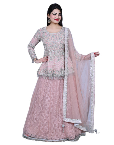 Dusty Pink Embroidered Party Wear Lengha With Peplum Shirt Dusty Pink Embroidered Party Wear Lengha With Peplum Shirt