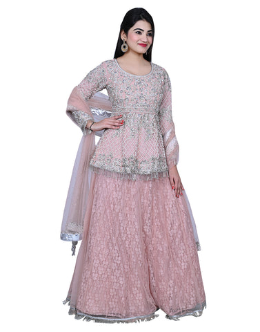 Dusty Pink Embroidered Party Wear Lengha With Peplum Shirt Dusty Pink Embroidered Party Wear Lengha With Peplum Shirt