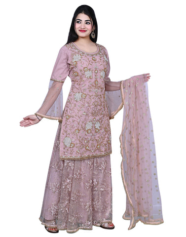 Pink Embroidered Party Wear Shirt With Sharara