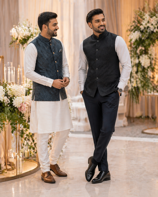 Men's Nehru jacket outfit for weddings and formal wear in the UK