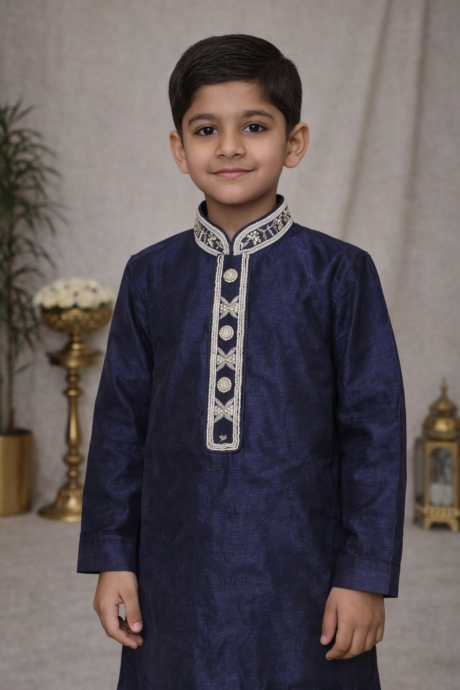 Navy Blue Boys Kurta Pajama – Embroidered Raw Silk Festive Wear