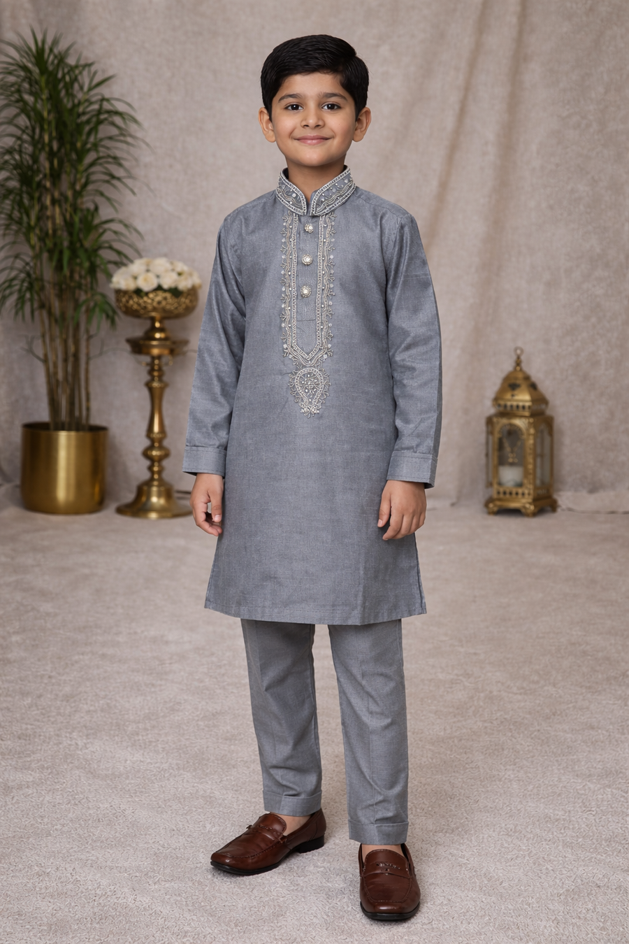 Grey Boys Kurta Pajama – Embroidered Raw Silk Festive Wear