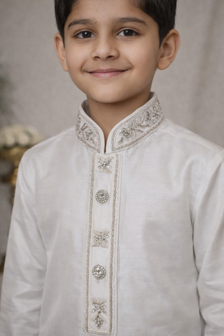 white boys embroidered kurta pajama close view
