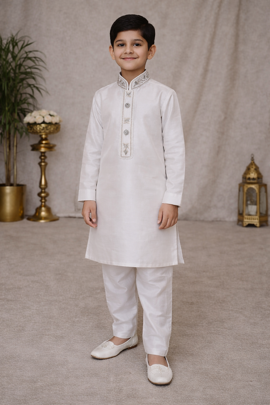 white boys embroidered kurta pajama full view