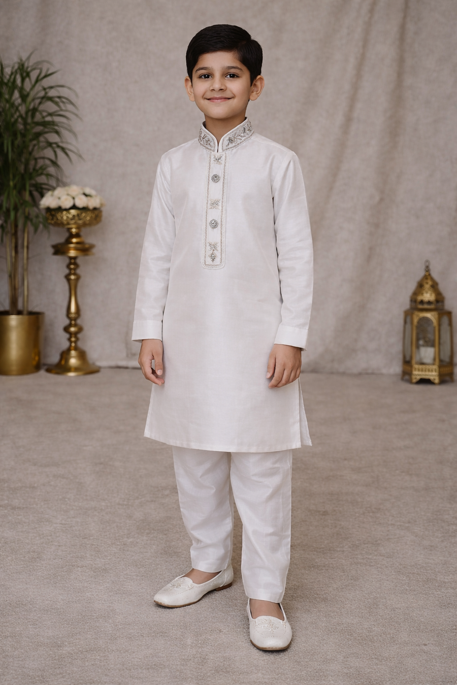 Boys White Kurta Pajama – Embroidered Raw Silk Festive Wear