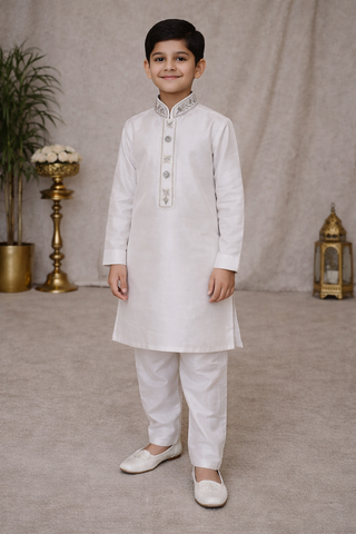 white boys embroidered kurta pajama full view