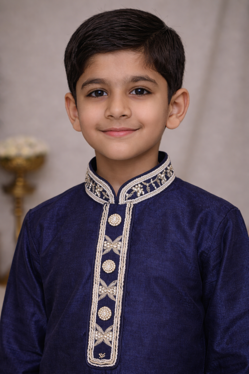 Boys navy blue kurta pajama close up view