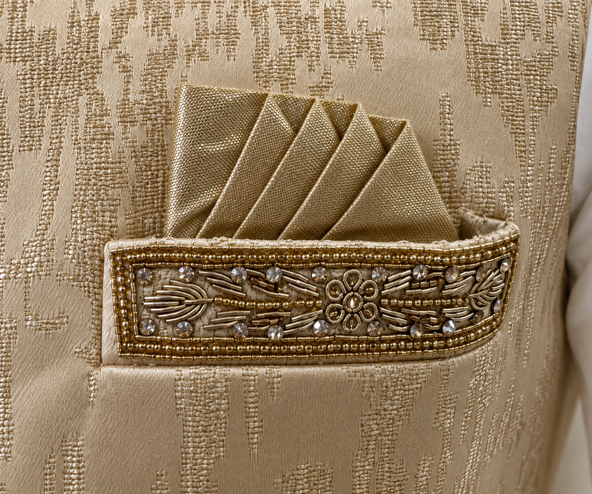 Men’s Cream Gold Embellished Nehru Jacket – Indian Wedding Waistcoat