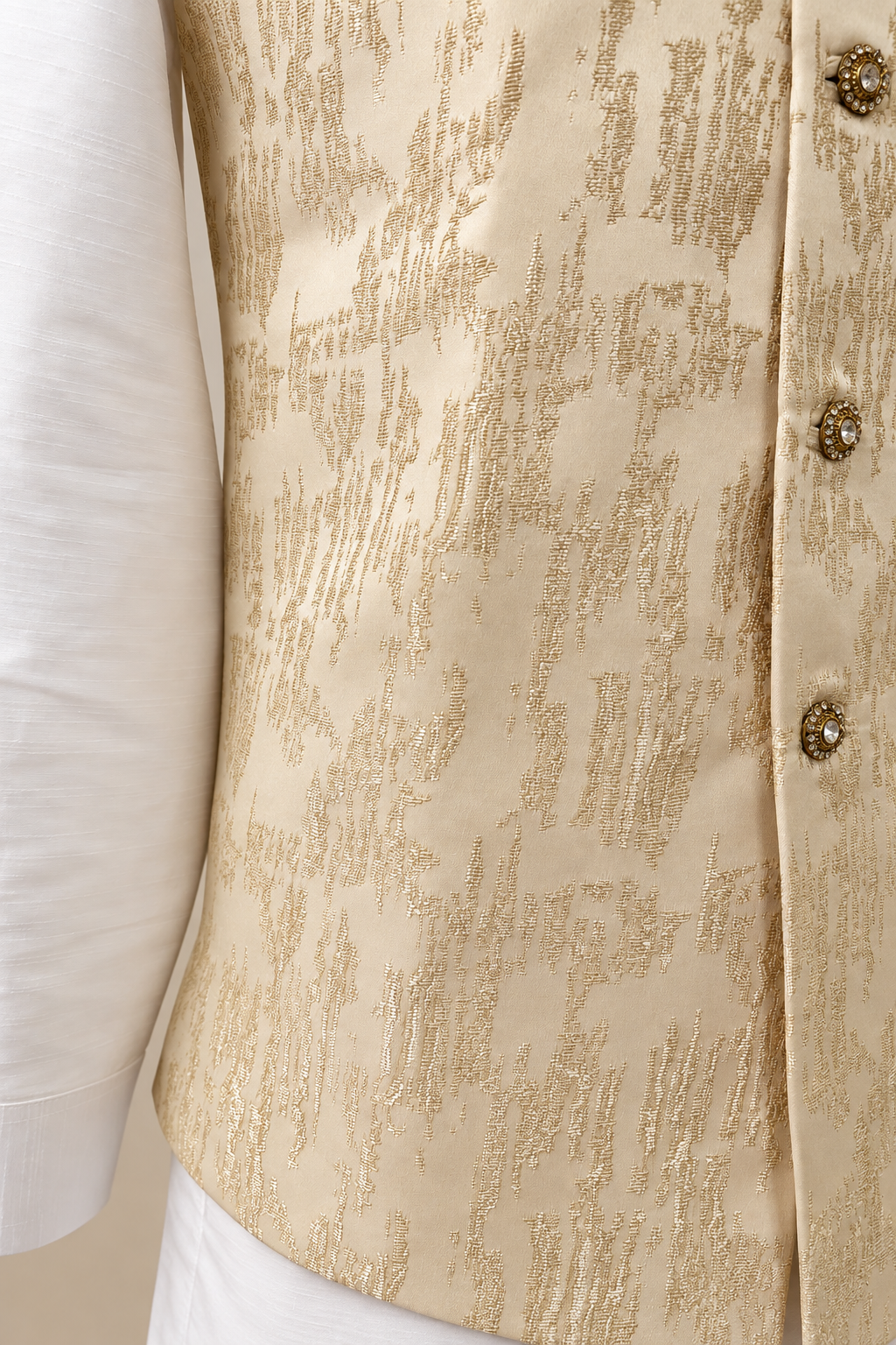 Men’s Cream Gold Embellished Nehru Jacket – Indian Wedding Waistcoat