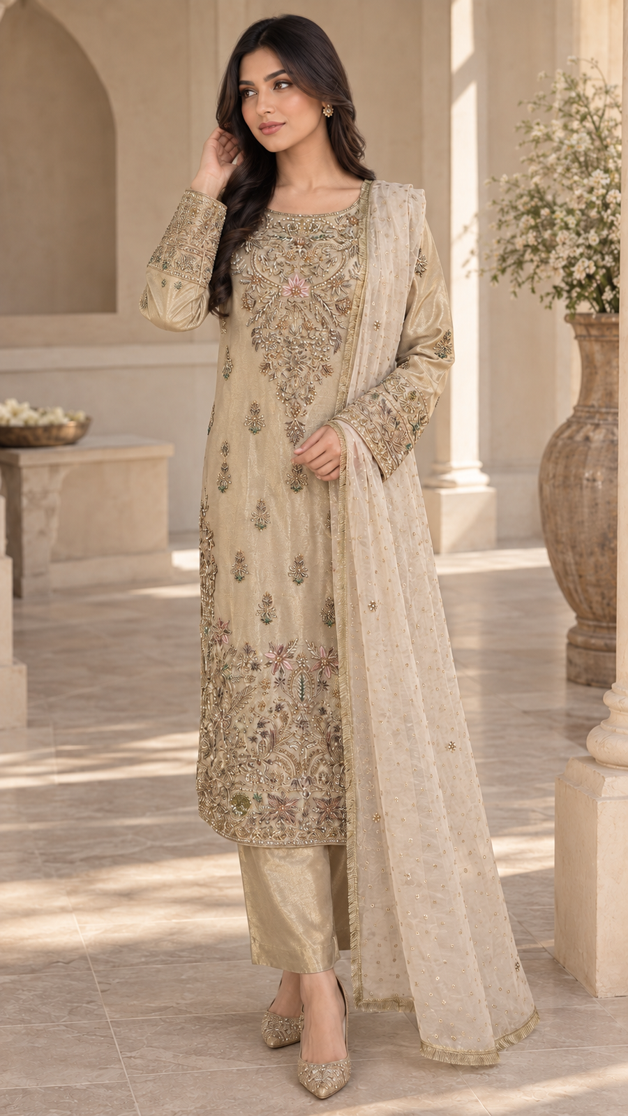 Antique Gold Embroidered Indian Trouser Suit