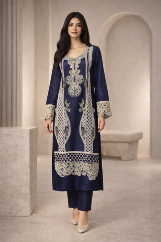 Navy Blue Embroidered Palazzo Suit – 3 Piece Set