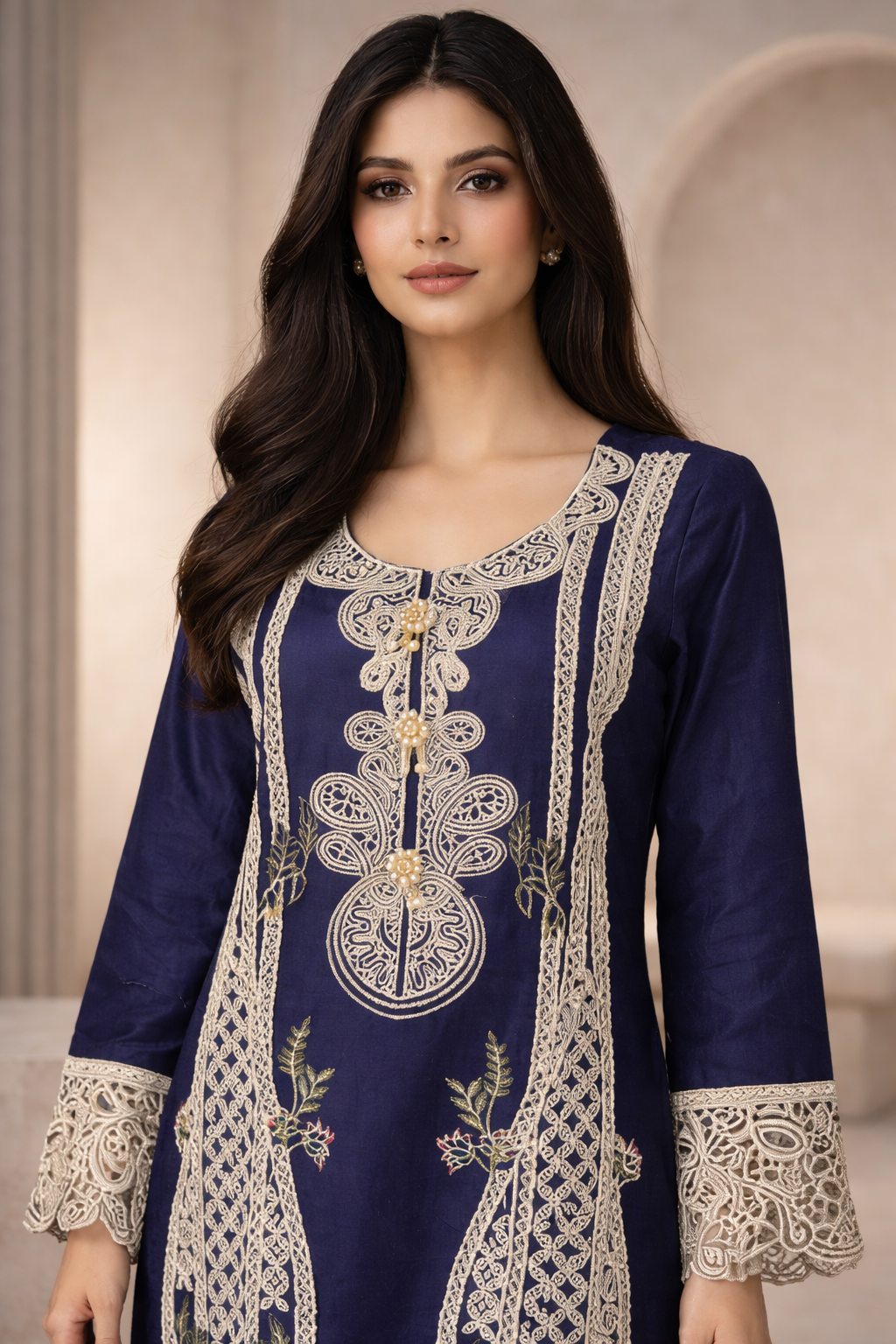 Navy Blue Embroidered Palazzo Suit – 3 Piece Set