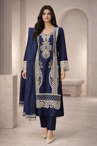 Navy Blue Embroidered Palazzo Suit – 3 Piece Set