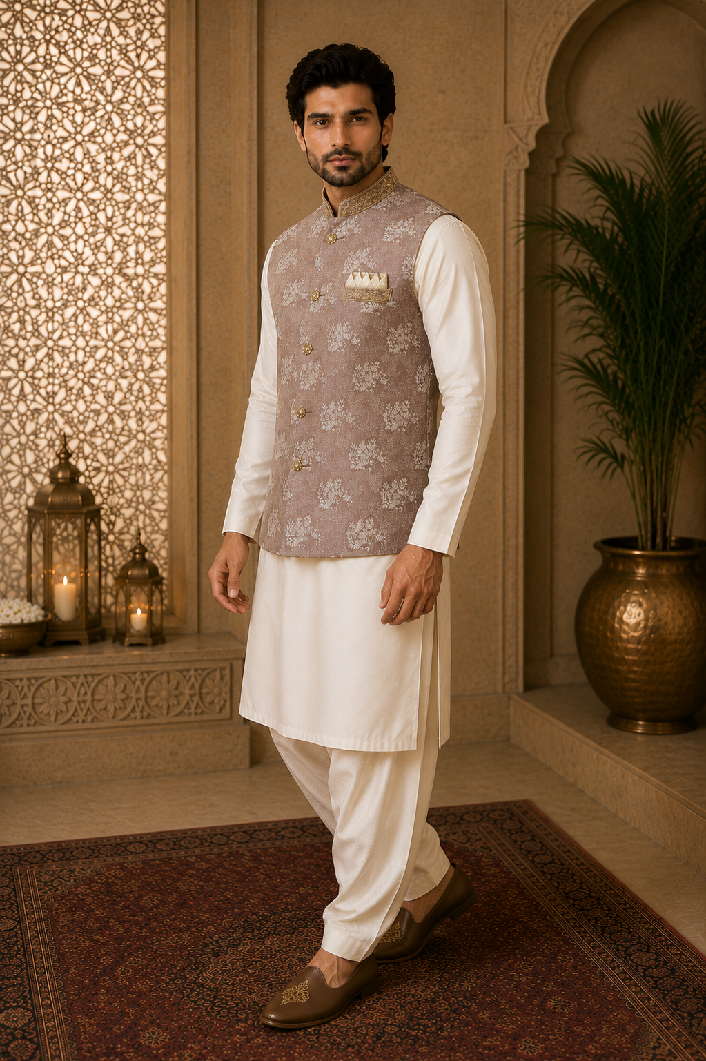 Mens Dusty Pink Waistcoat Floral Brocade Fabric Full View
