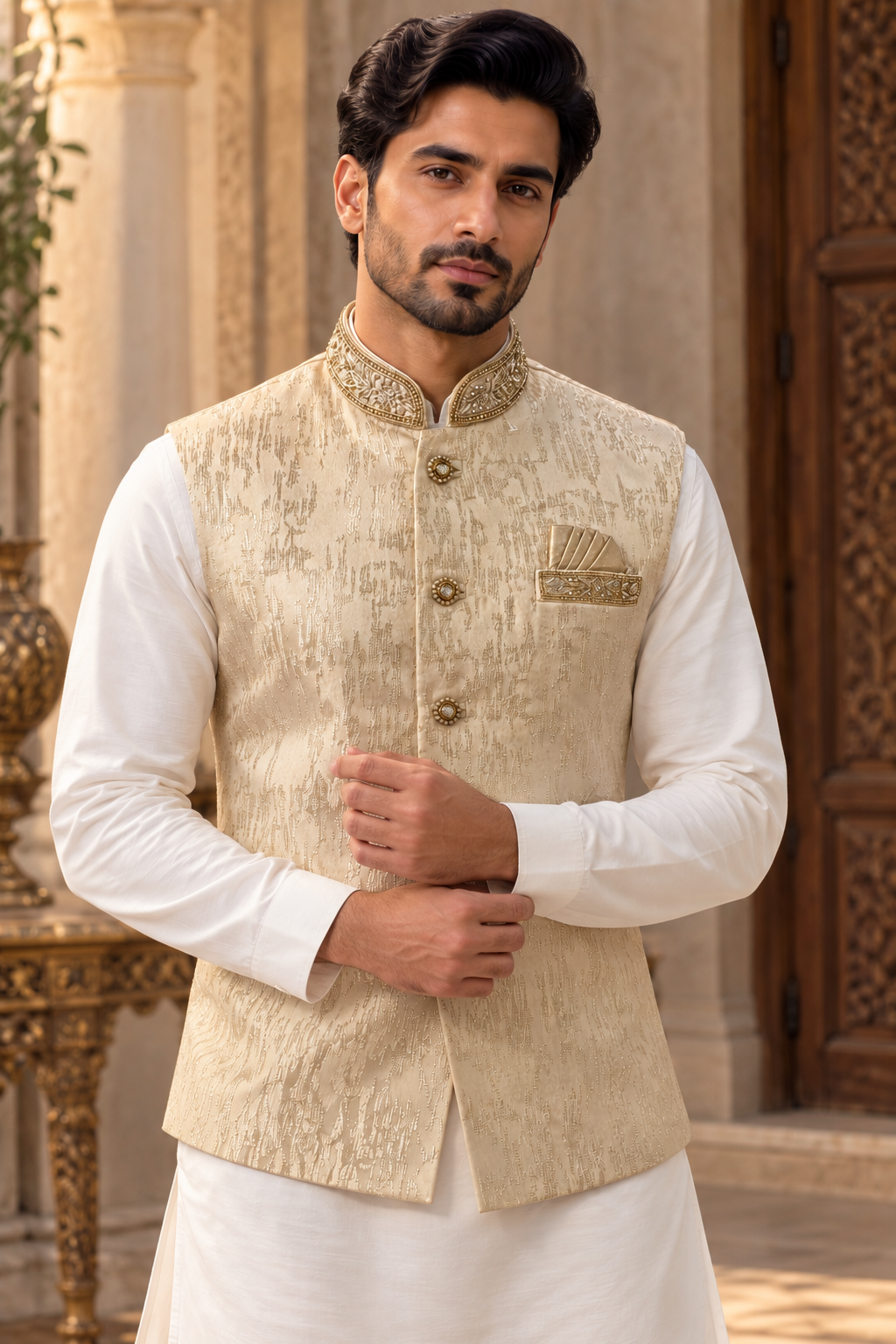 Men’s Cream Gold Embellished Nehru Jacket – Indian Wedding Waistcoat
