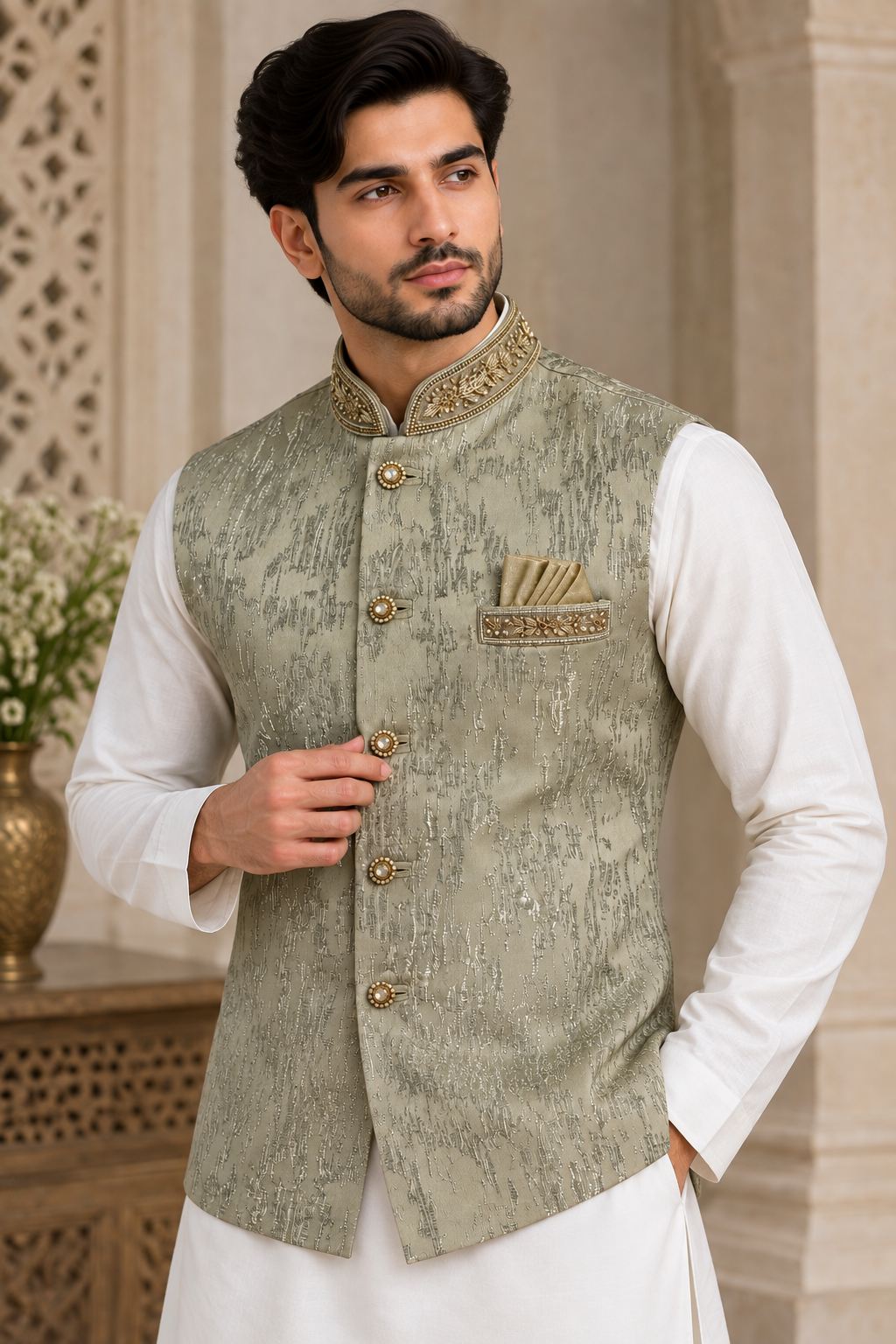 Men’s Olive Green Embellished Nehru Jacket – Indian Wedding Waistcoat