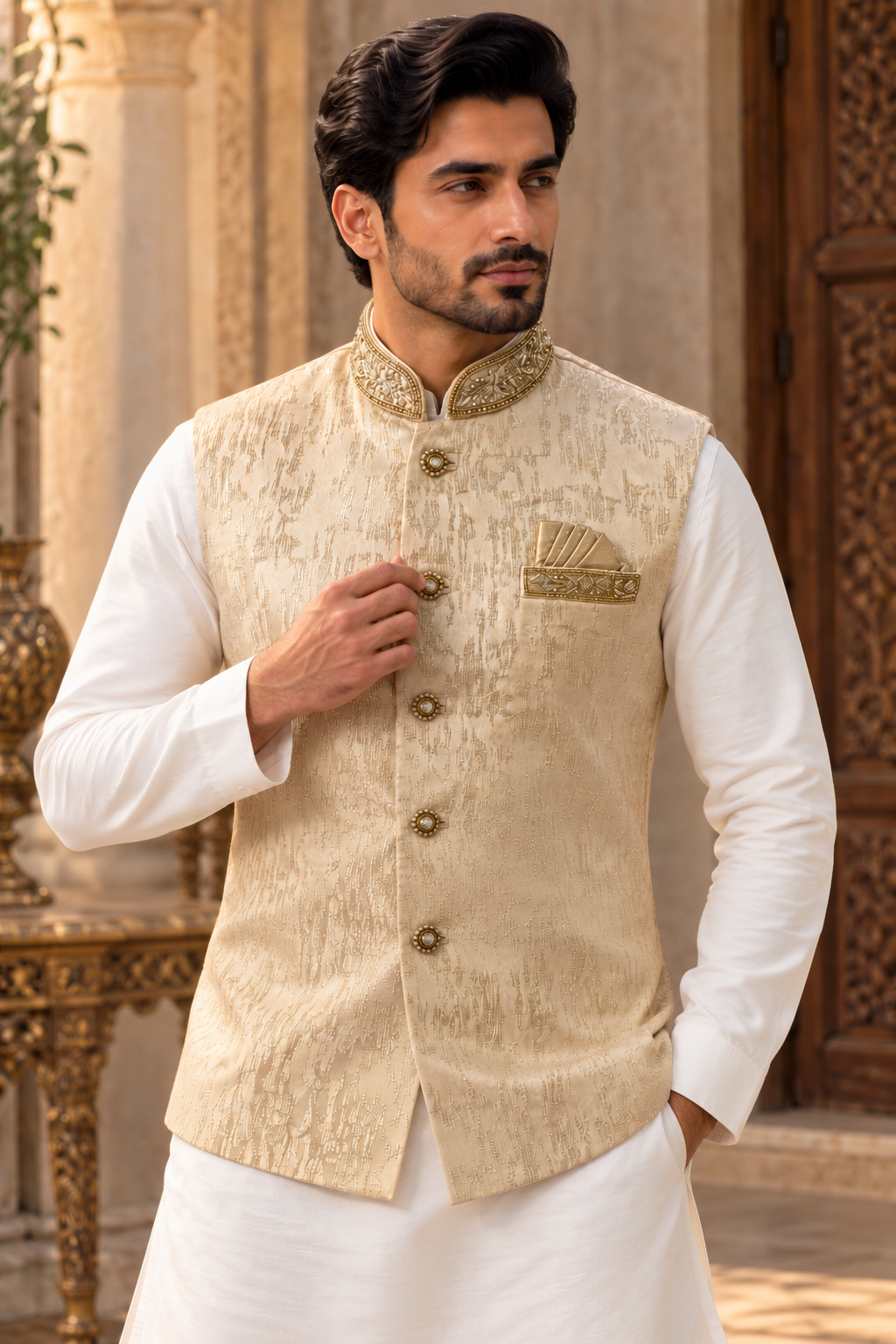 Men’s Cream Gold Embellished Nehru Jacket – Indian Wedding Waistcoat