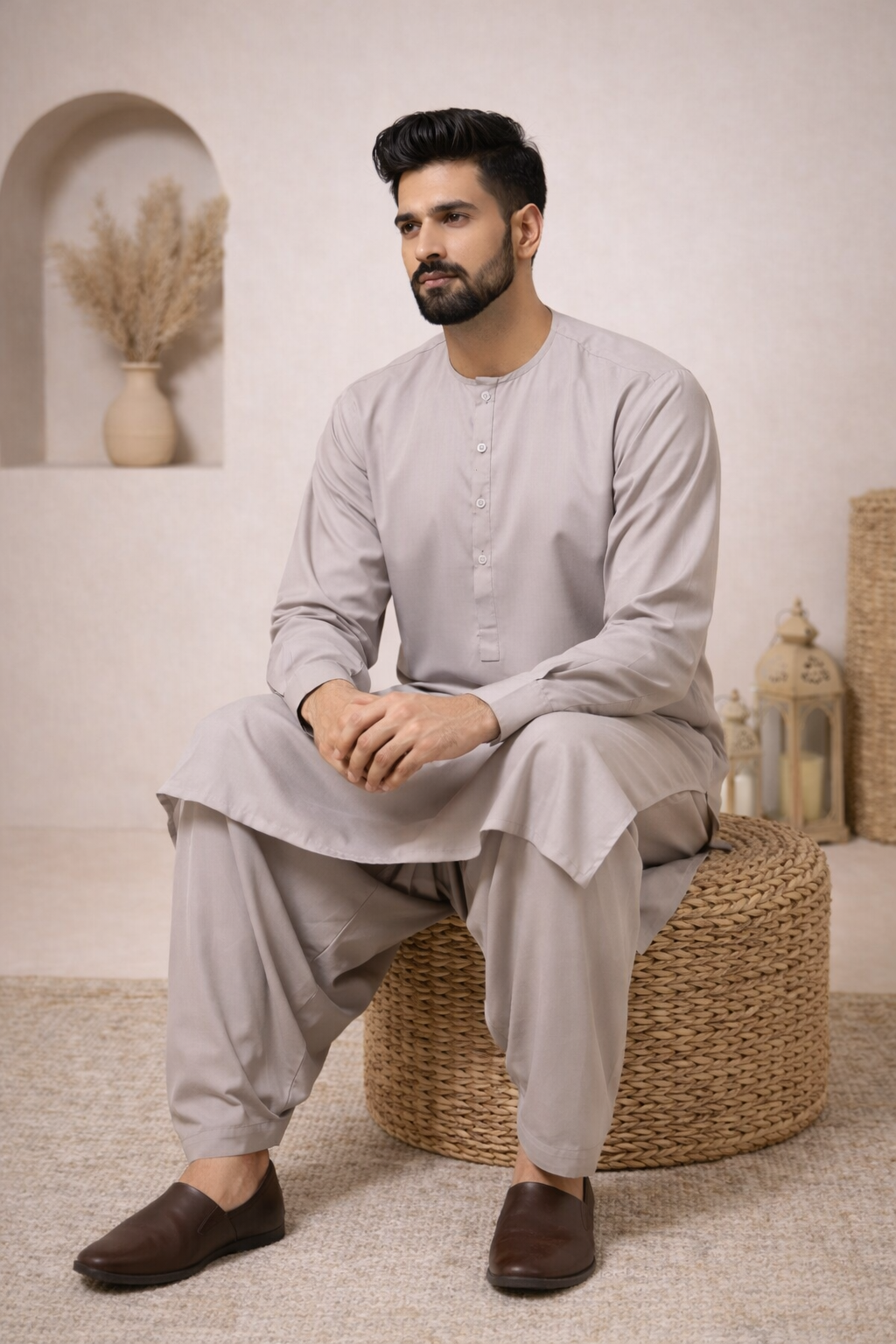 mens lilac pakistani shalwar kameez sitting pose