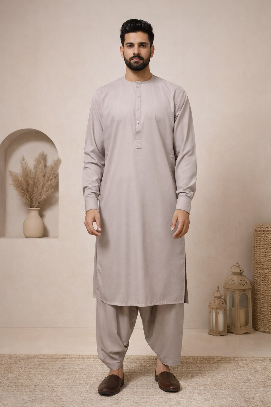 Men’s Lilac Round Neck Shalwar Kameez – Casual Wash & Wear Suit
