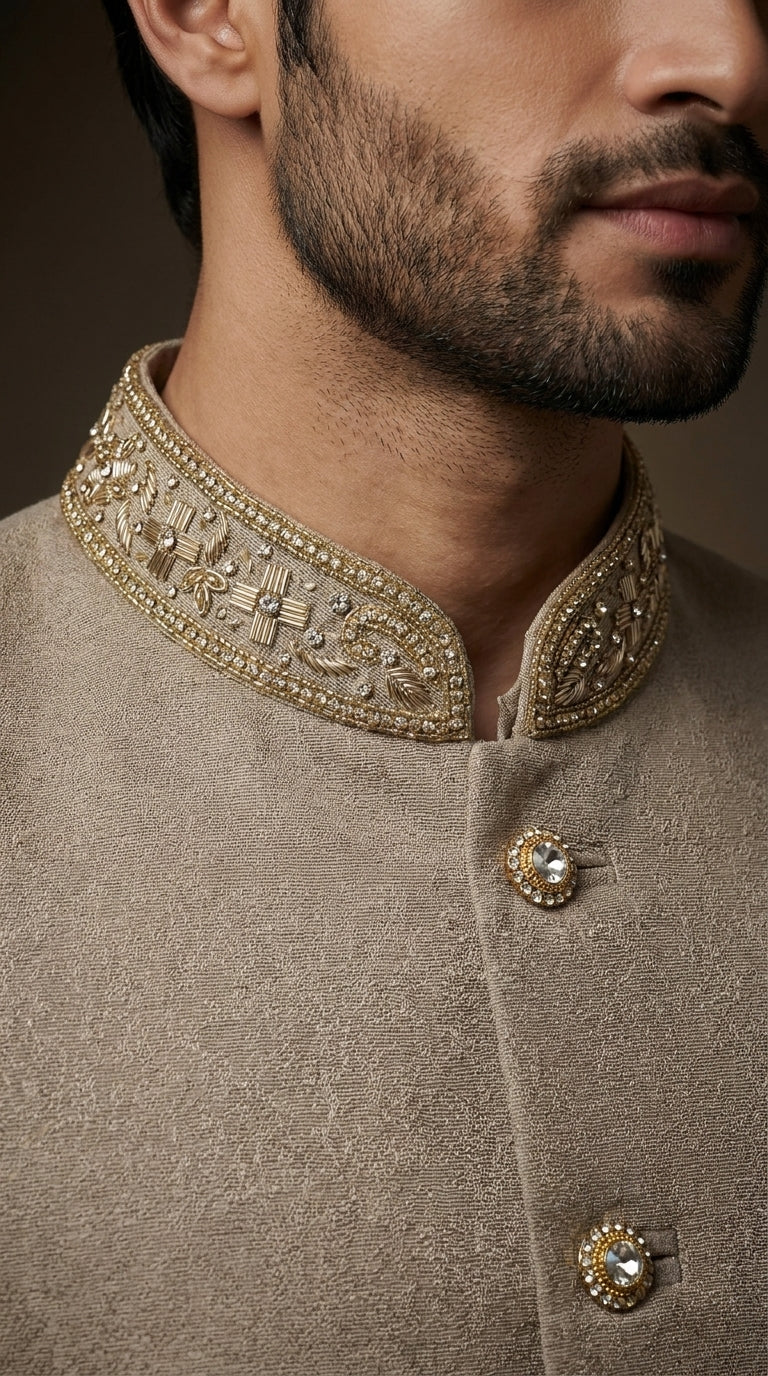 Mens Taupe Prince Indian Jacket Coat close up