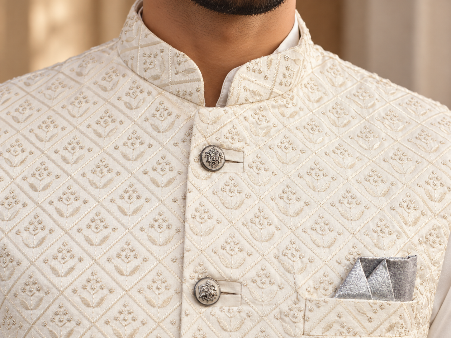 Men’s Cream Embroidered Indian Nehru Jacket