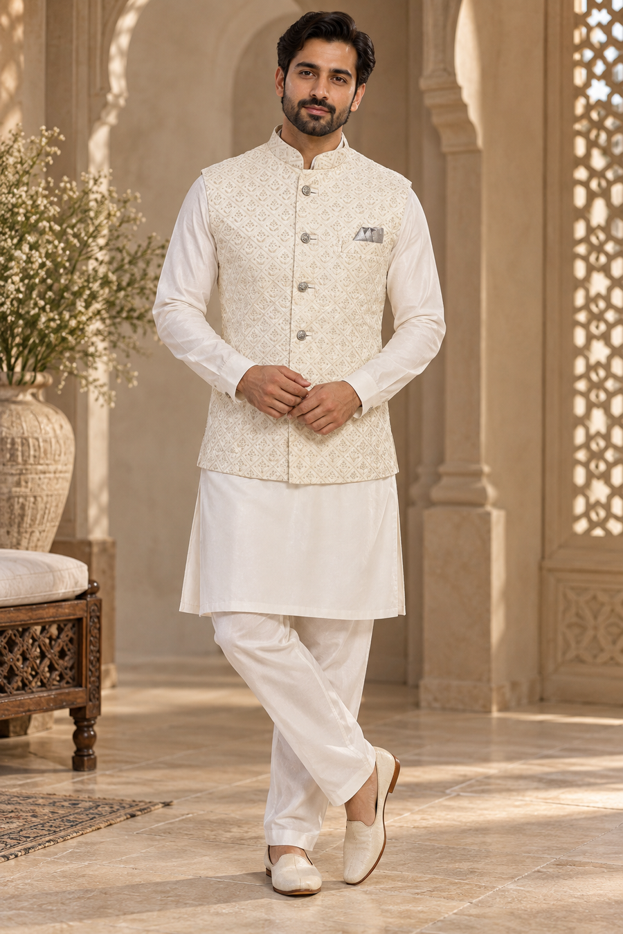 Men’s Cream Embroidered Indian Nehru Jacket