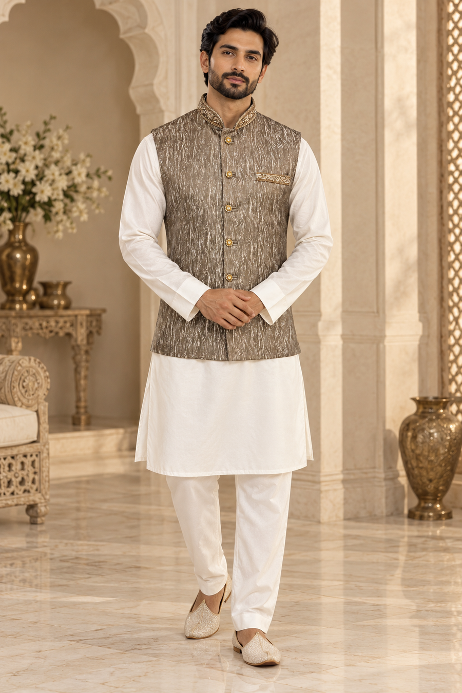 Men’s Taupe Brown Indian Nehru Jacket