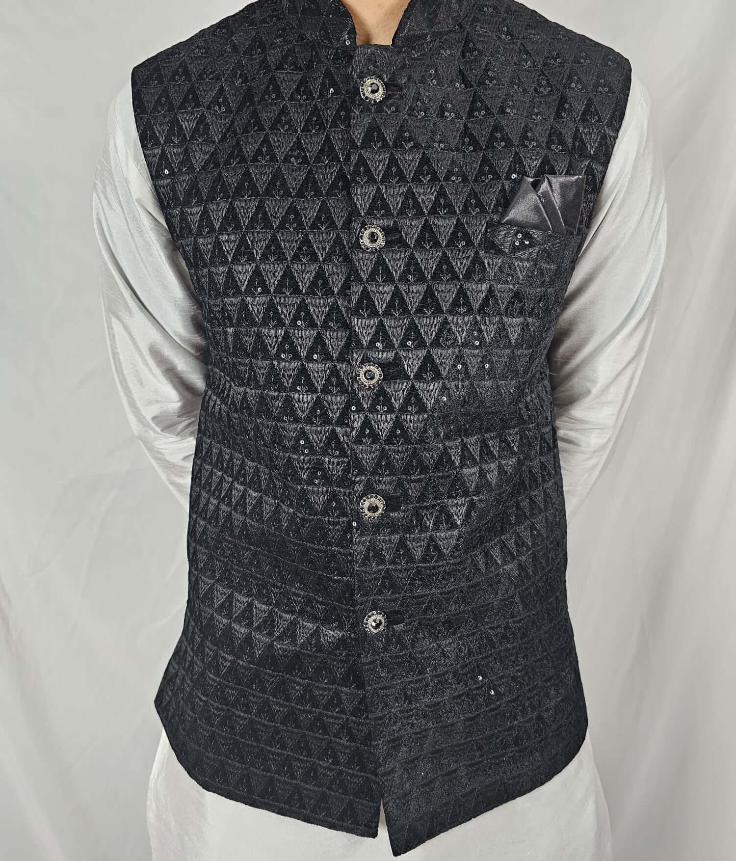 Men's Indian Nehru Jacket and Waistcoat in Black with Sequin Embroidery