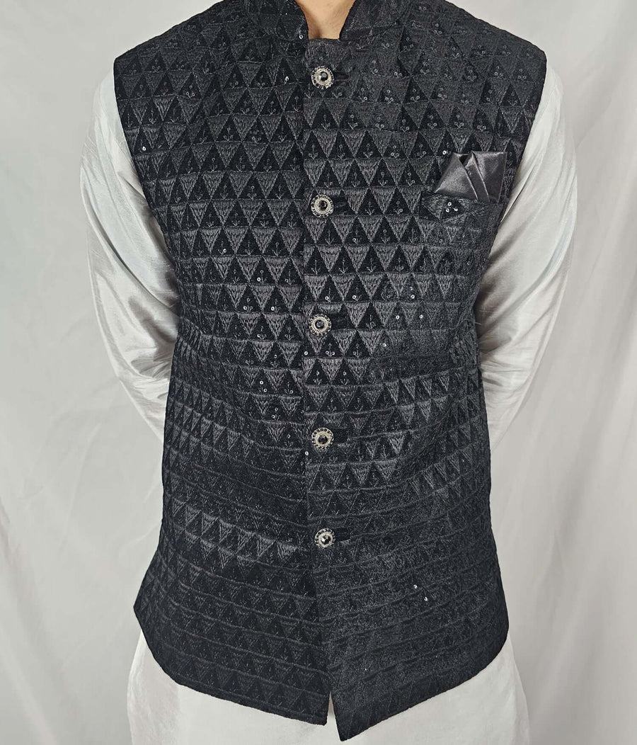 Black Indian Nehru Jacket With Sequin Embroidery