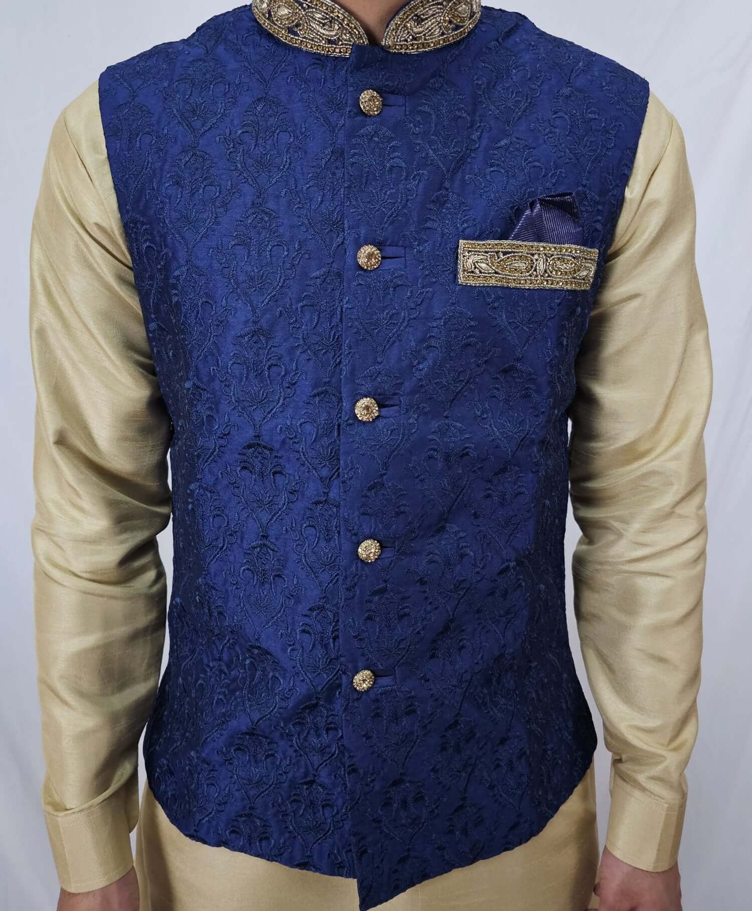 Men's Indian Nehru Jacket and Waistcoat in Blue with Thread Embroidery, Matching Hankie, Gold Stone Work on Pocket and Buttons