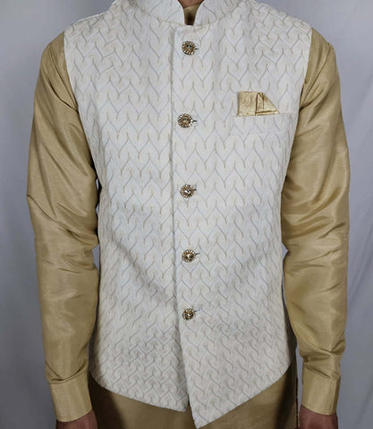 Men's Indian Nehru Jacket in Cream with Gold Embroidery