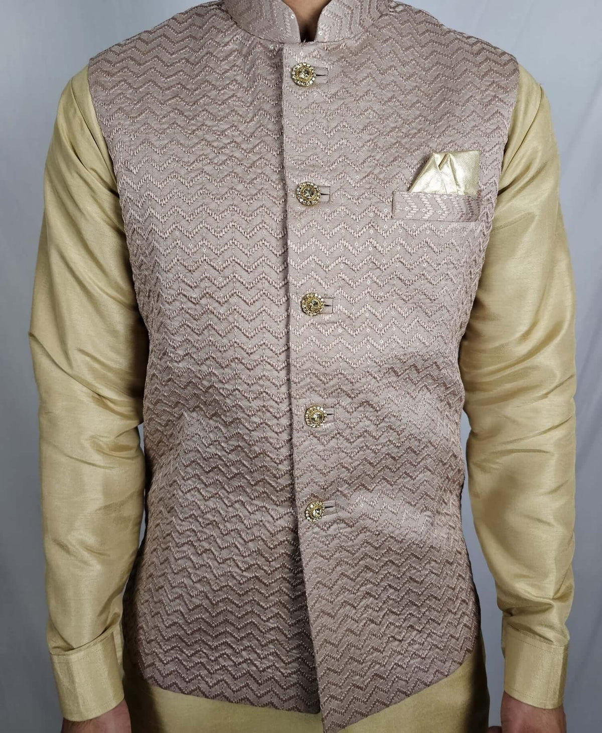 Front view of mens Indian Nehru Jacket dusty pink with sequin and thread embroidery