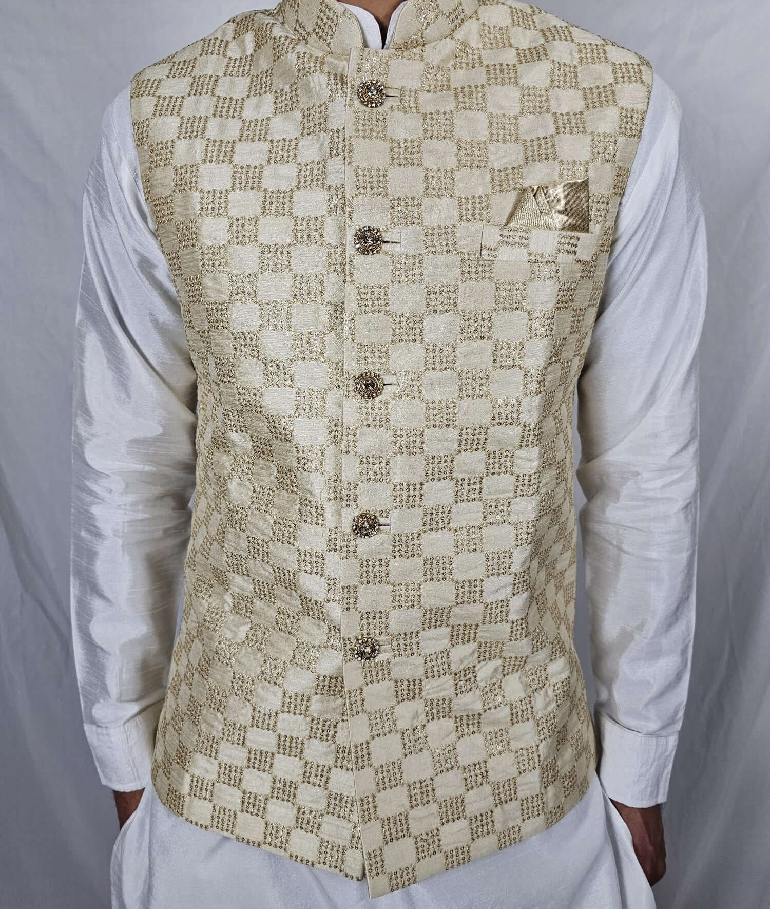 Men's Indian Nehru Jacket with Gold Embroidery, Complete with Matching Hankie