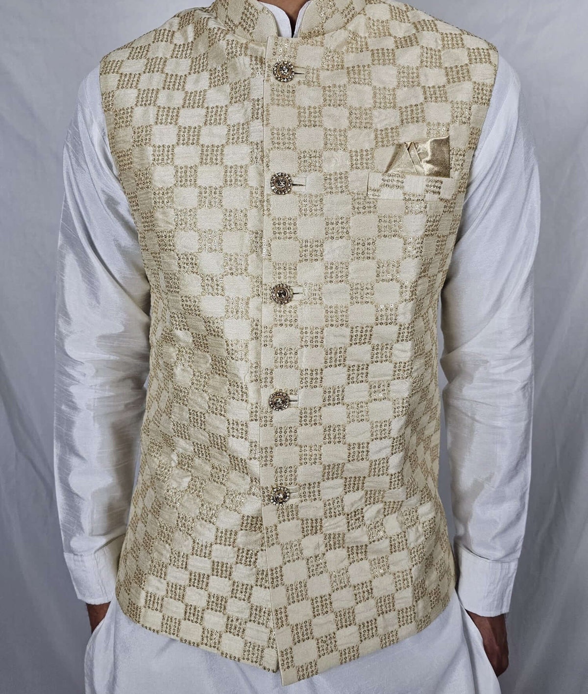 Men's Indian Nehru Jacket with Gold Embroidery, Complete with Matching Hankie