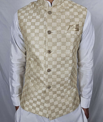 Men's Indian Nehru Jacket with Gold Embroidery, Complete with Matching Hankie