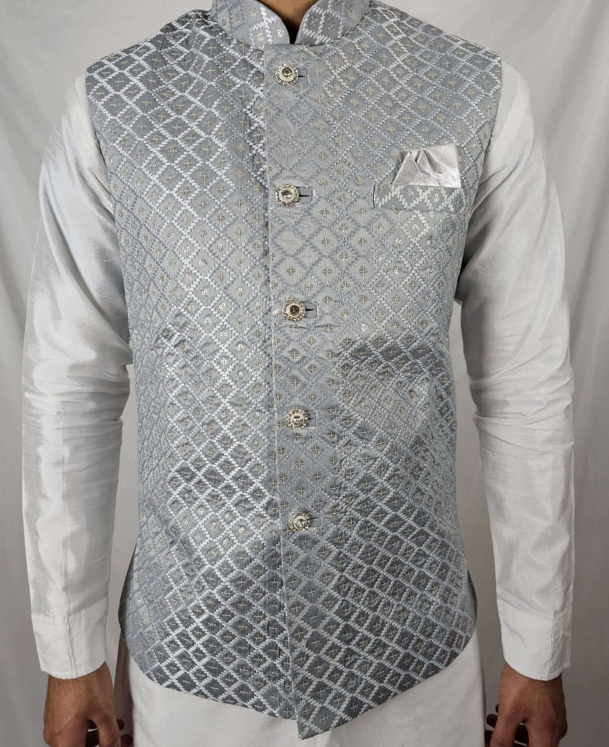 Stylish Men's Indian Nehru Jacket Grey with Gold Embroidery - Perfect for Weddings, Parties, and special occasions