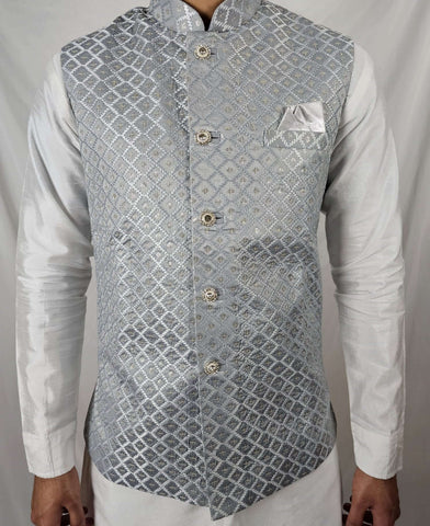 Stylish Men's Indian Nehru Jacket Grey with Gold Embroidery - Perfect for Weddings, Parties, and special occasions