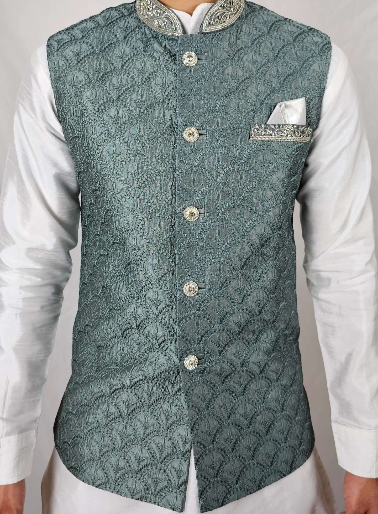 Men's Indian Nehru Jacket and Waistcoat in Grey with Silver Thread Embroidery and Buttons, Matching Hankie with Silver Stone Work