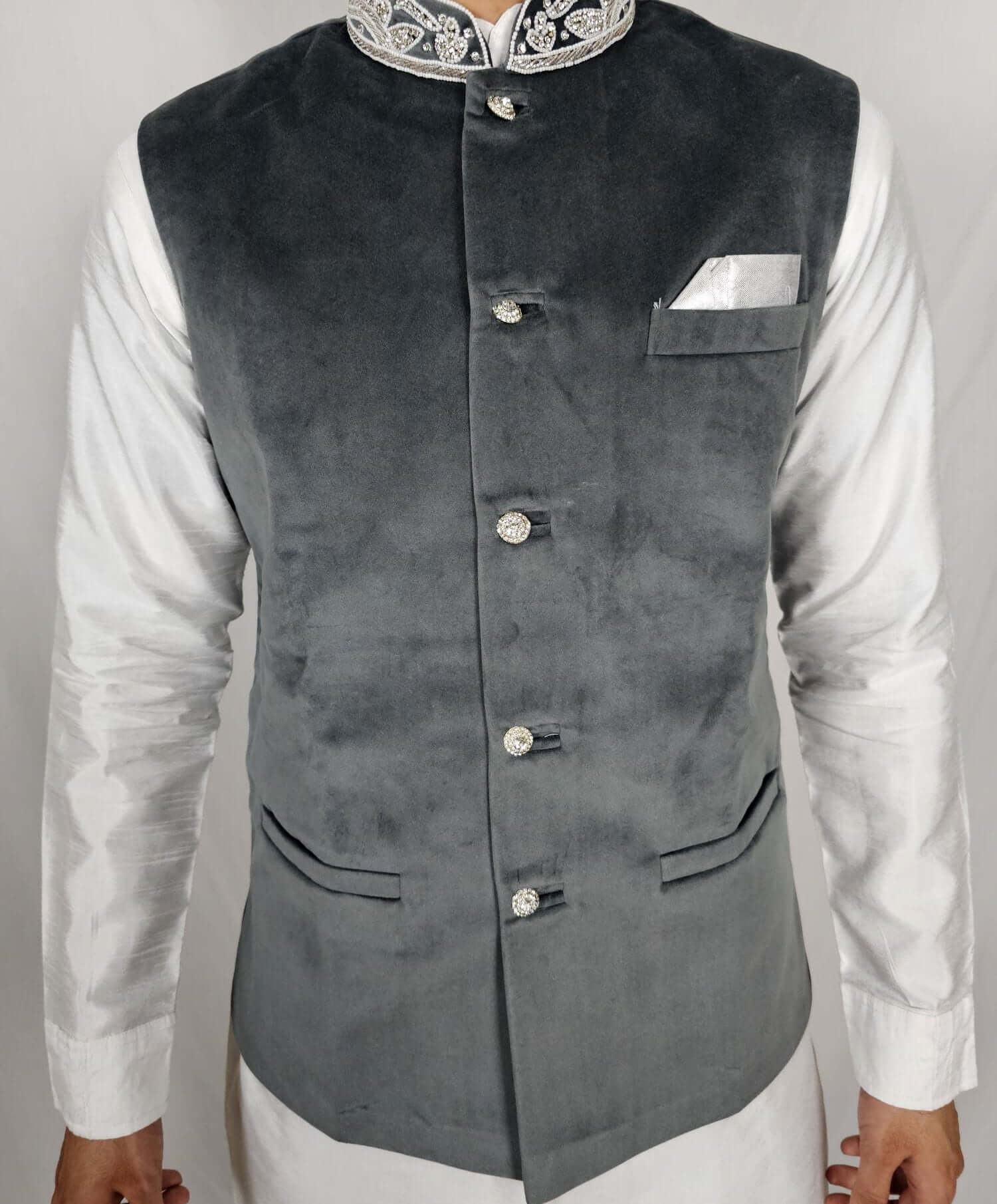 Men's Indian Nehru Jacket and Waistcoat in Grey Velvet, Complete with Matching Hankie, Silver Buttons with Stone Work