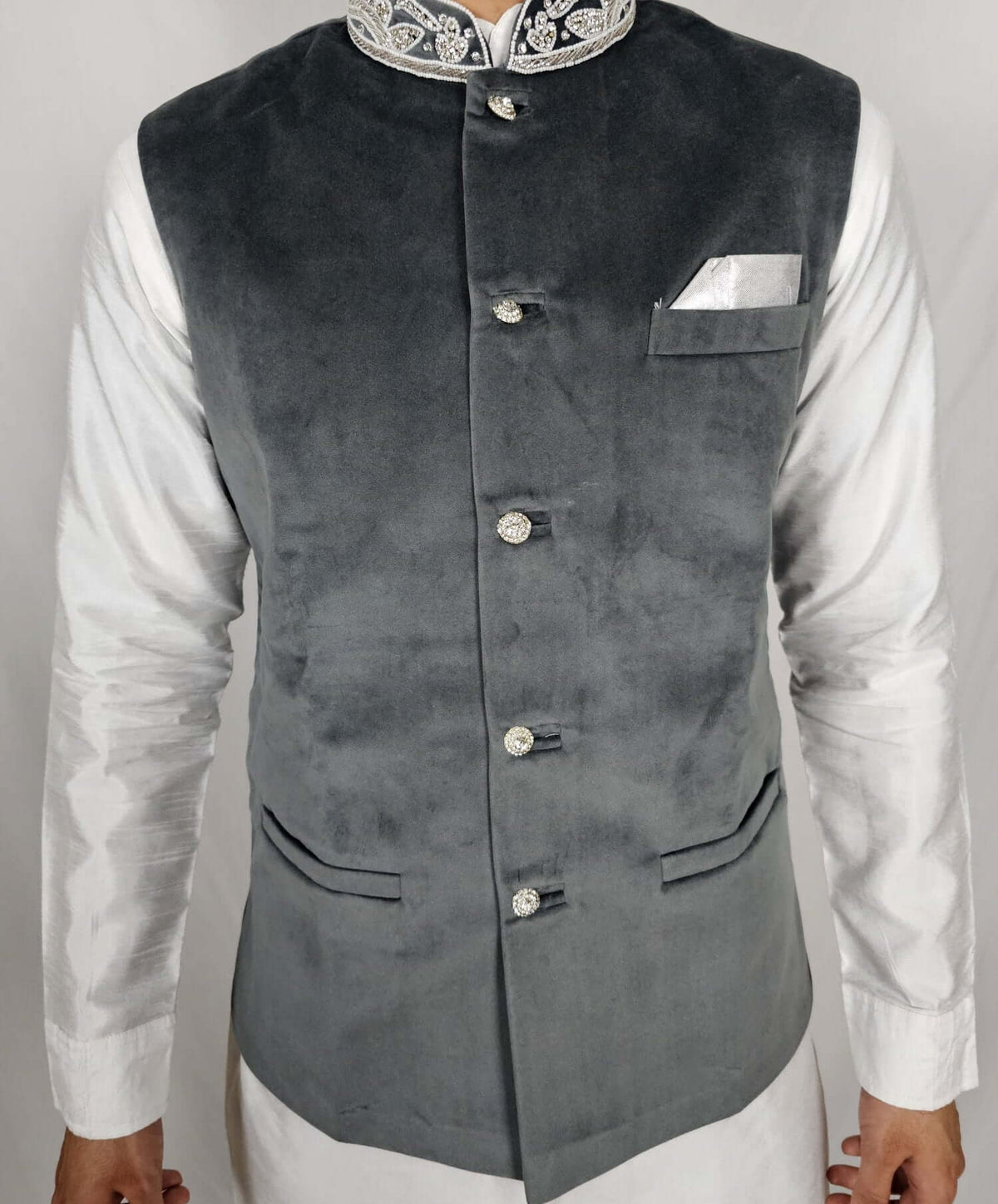 Men's Indian Nehru Jacket and Waistcoat in Grey Velvet, Complete with Matching Hankie, Silver Buttons with Stone Work