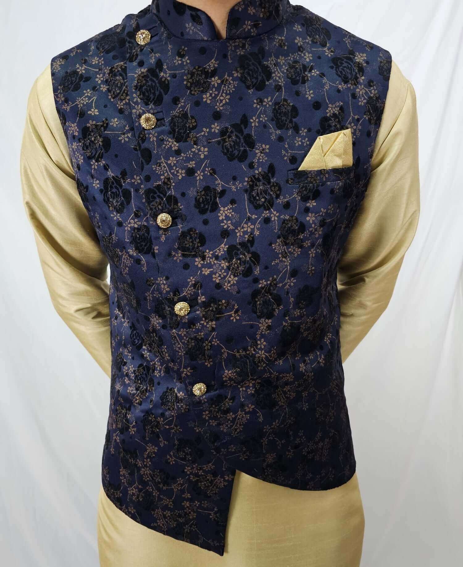 A navy blue Men's Indian Nehru Jacket featuring printed fabric, gold buttons with stone work, and includes a matching hankie.