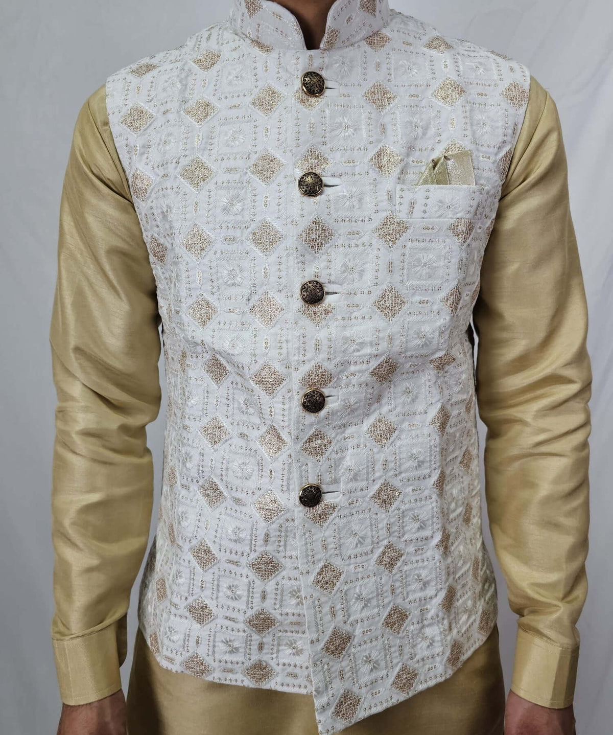 Stylish Men's Indian Nehru Jacket Off-white with Gold Embroidery - Perfect for Weddings, Parties, and special occasions