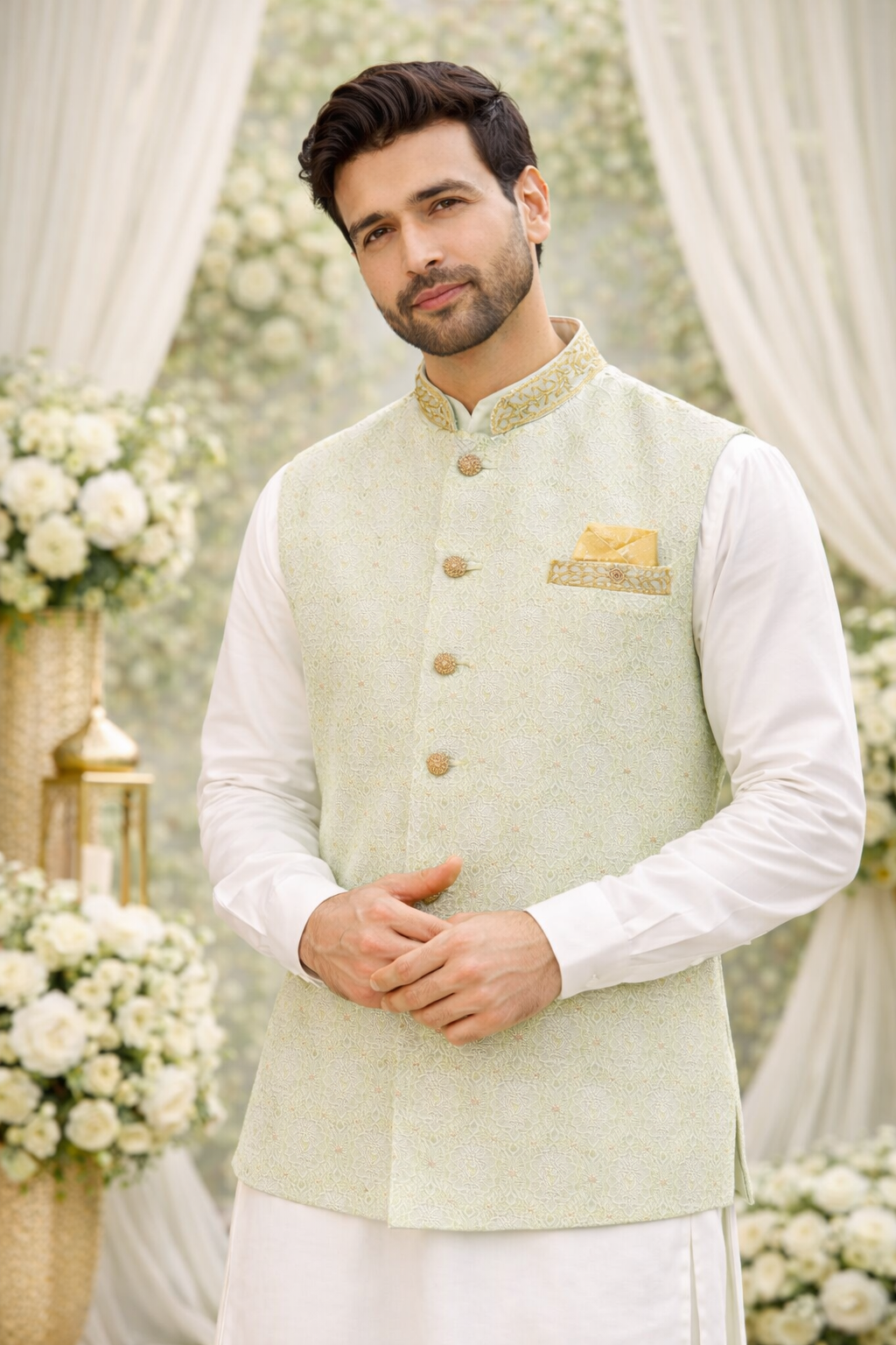 Mint green mens indian nehru jacket waistcoat asian party wear full view