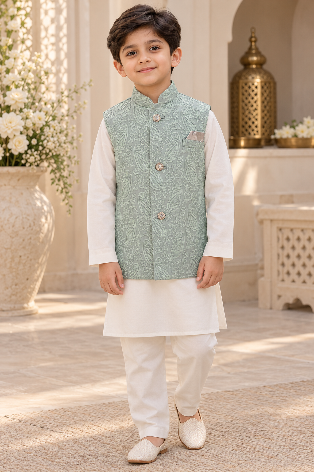 Boys Mint Green Embroidered Indian Nehru Jacket Waistcoat