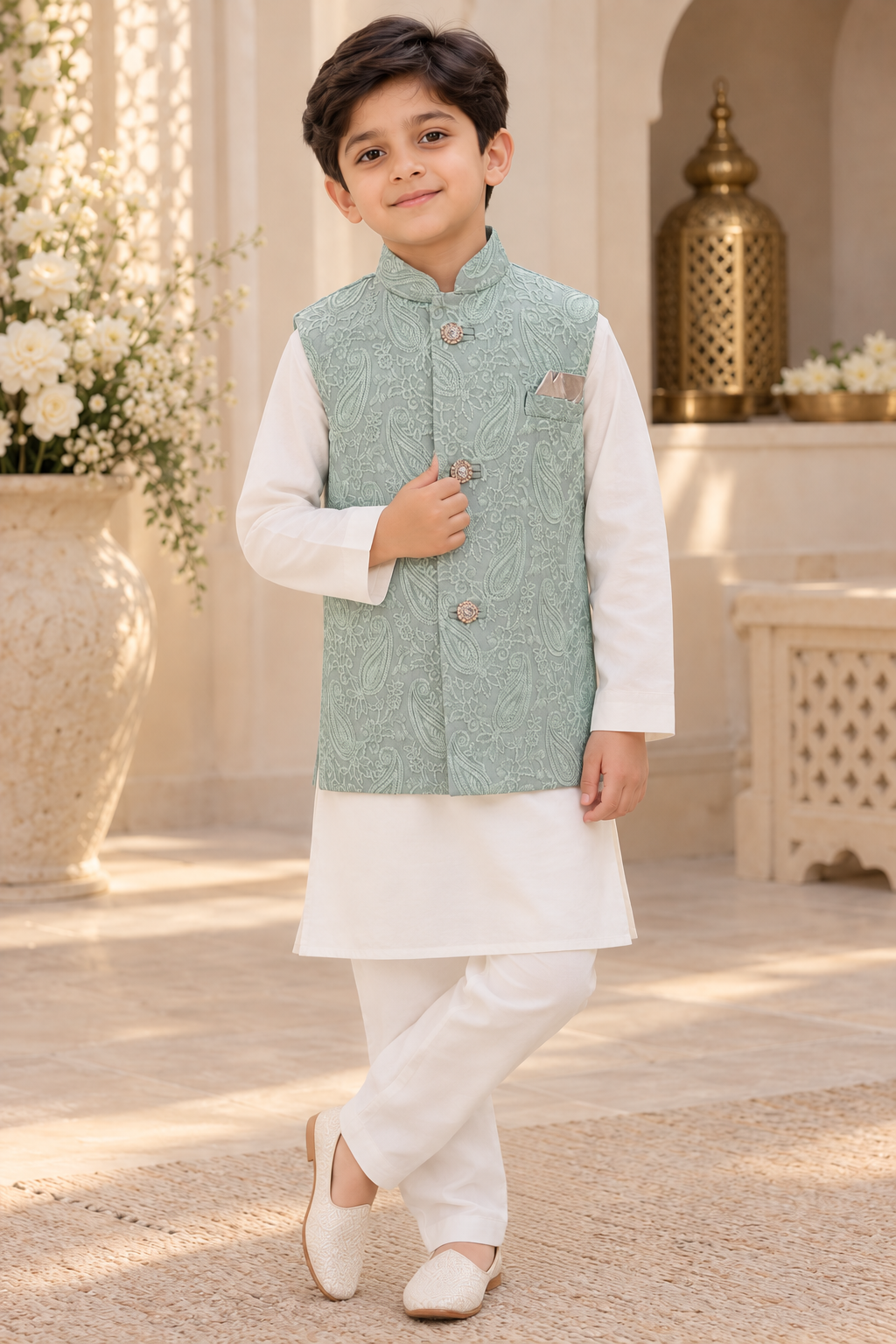 Boys Mint Green Embroidered Indian Nehru Jacket Waistcoat
