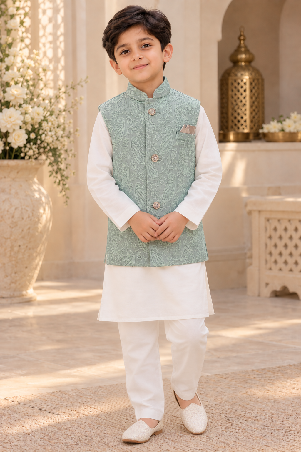 Boys Mint Green Embroidered Indian Nehru Jacket Waistcoat