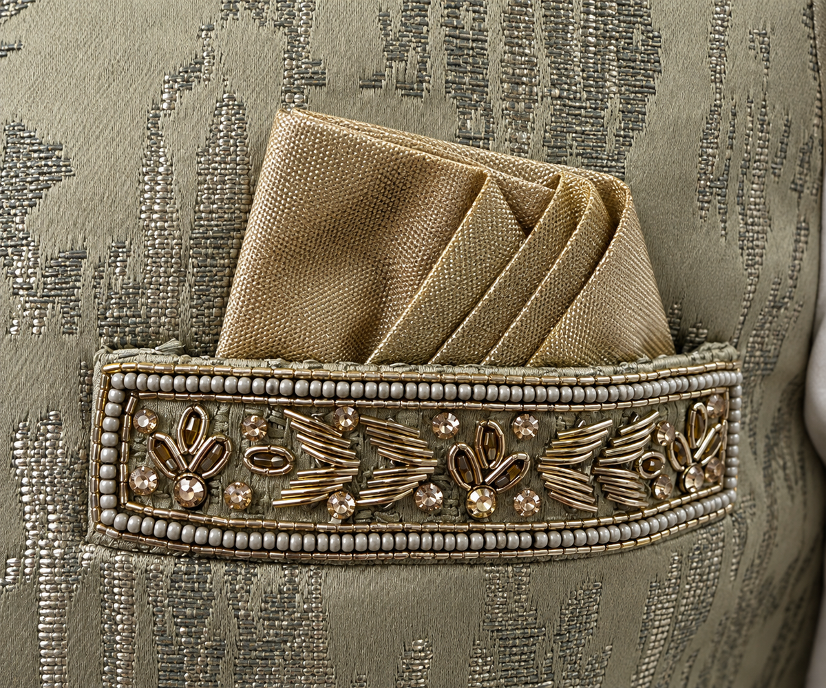 Men’s Olive Green Embellished Nehru Jacket – Indian Wedding Waistcoat