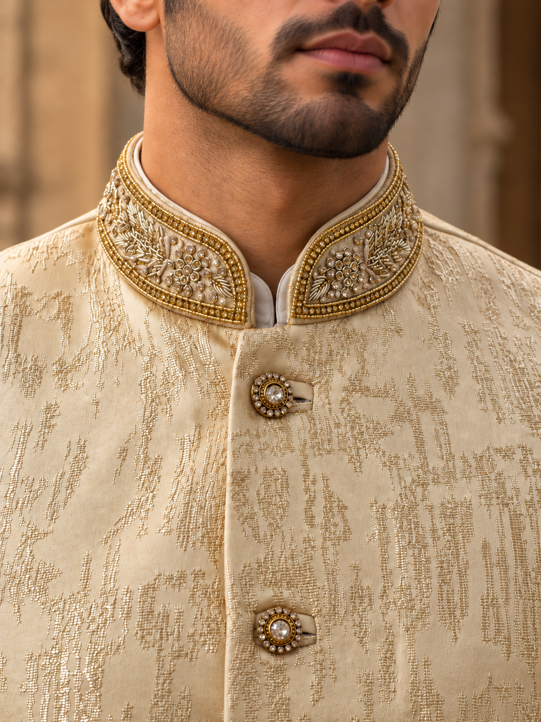 Men’s Cream Gold Embellished Nehru Jacket – Indian Wedding Waistcoat