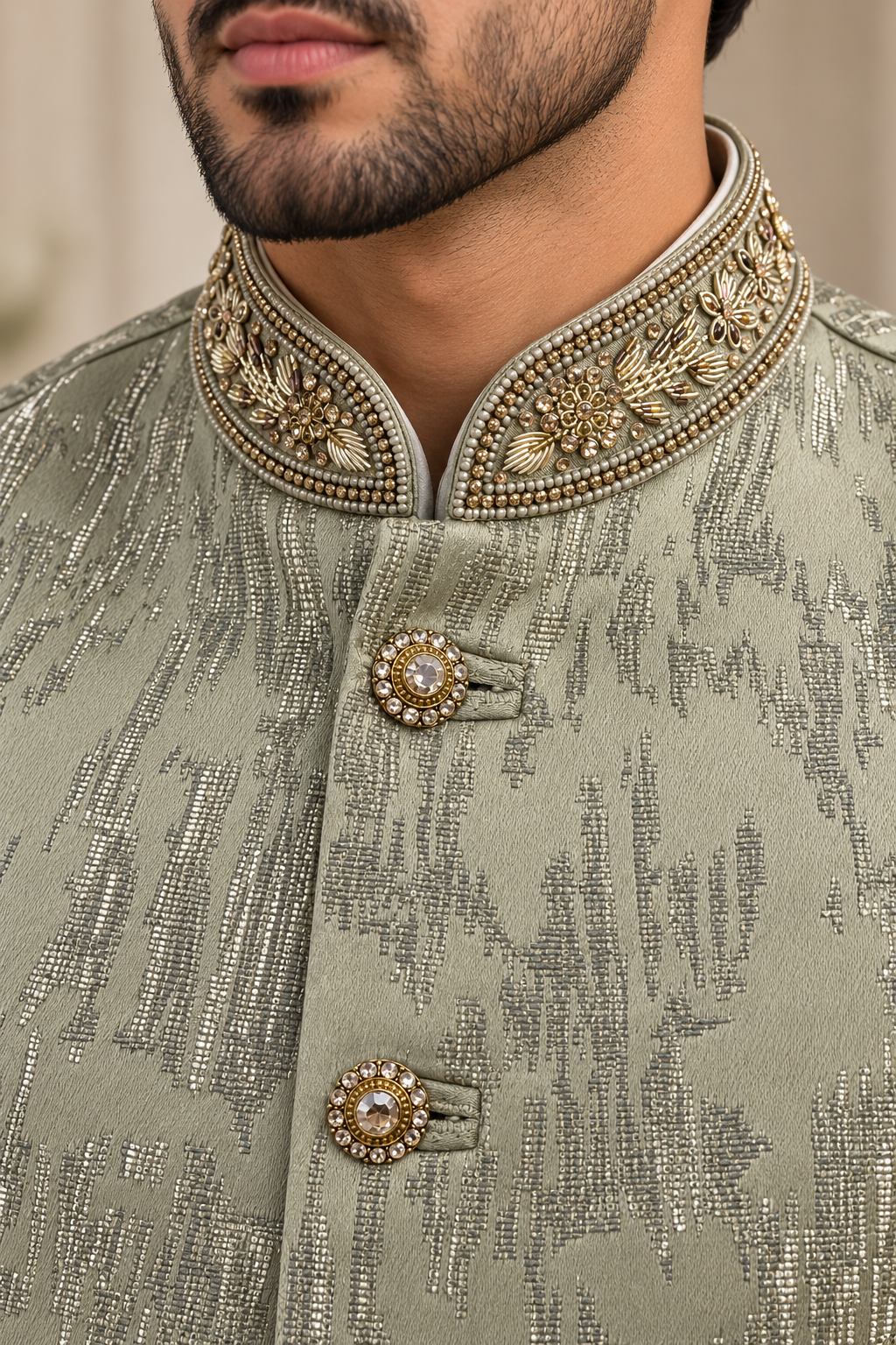 Men’s Olive Green Embellished Nehru Jacket – Indian Wedding Waistcoat